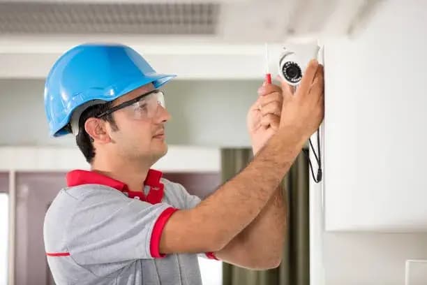 Alarm system technician installing or servicing an alarm system.
