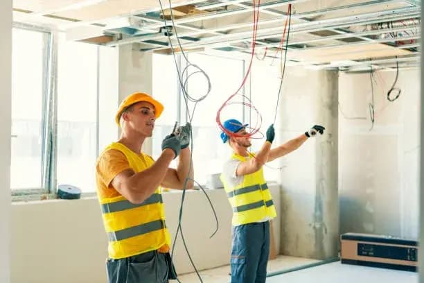Commercial electricians installing electrical wiring in a commercial building.